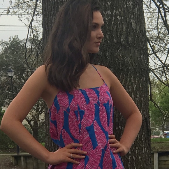 Vineyard Vines Long Maxi Spaghetti Strap Dress Pink Blue Feather Print 0 S - Picture 13 of 13